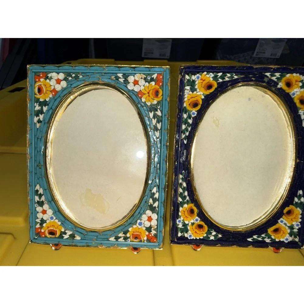 Lot Of 2 Vintage Italian‎ Micro Mosaic Millefiori Mini Floral Photo Frames
